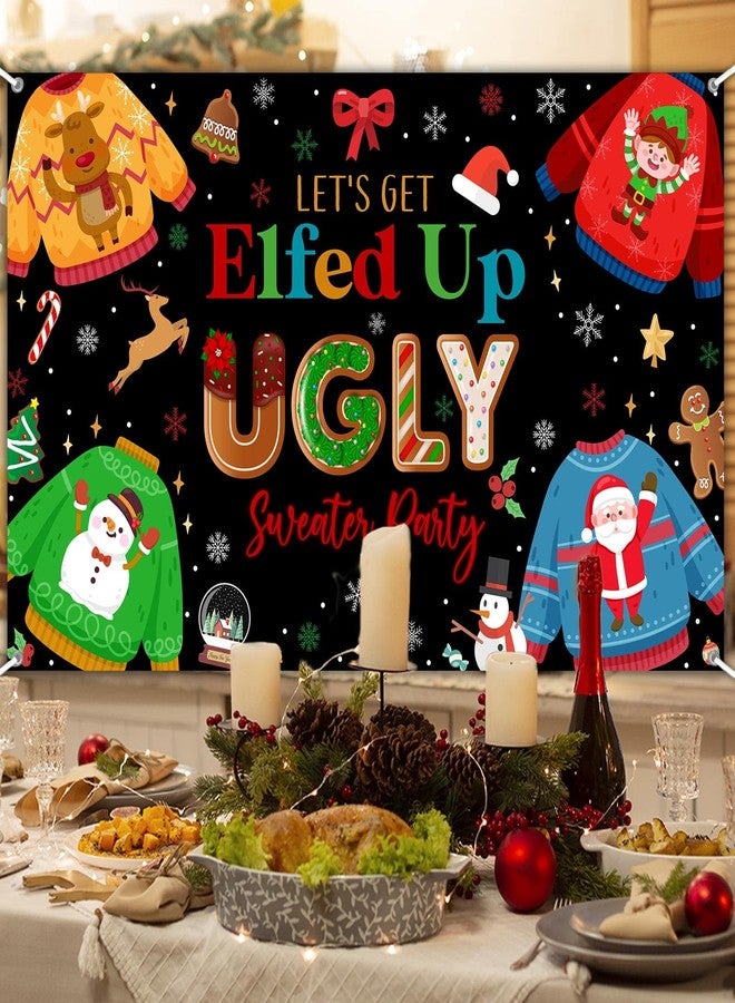 Lecheme Ugly Sweater Party Banner 6x3.6 ft Elfed Up Christmas Backdrop Black Ugly Sweater Party Decorations for Xmas Friendsmas Elf Theme Background Holiday Photo Props - Image 2